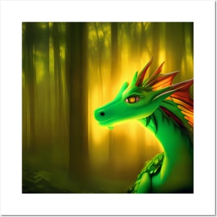 Green Fairy Dragon in the Forest Posters and Art